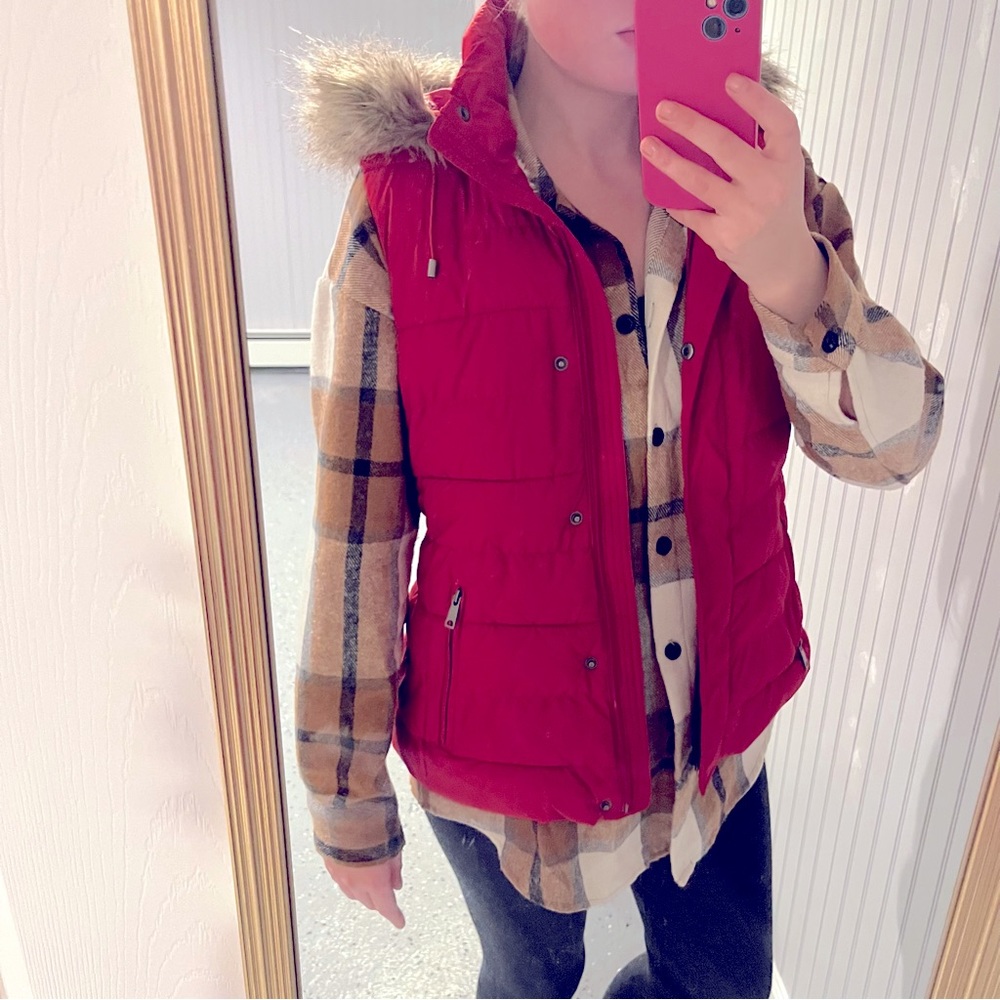Red Puffer Fur Lined Vest Size Small